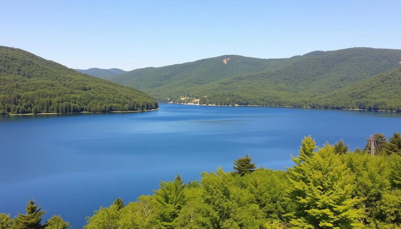 Beltzville Lake with forested mountains behind