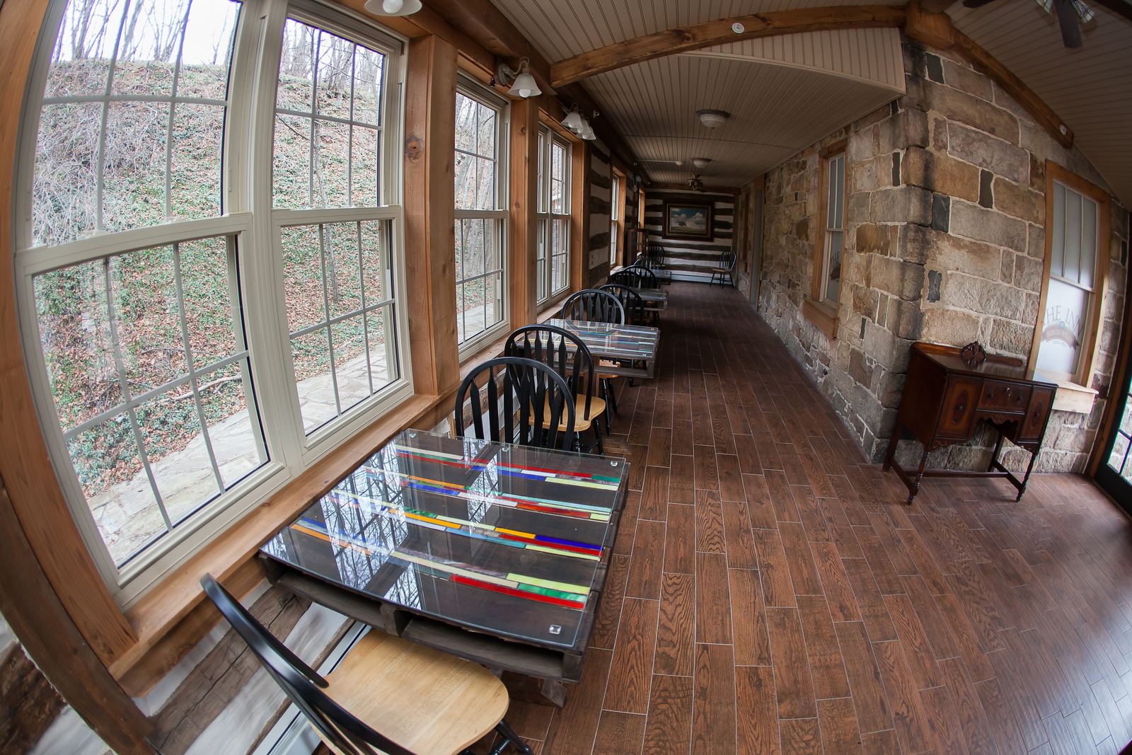 Enclosed porch with tables